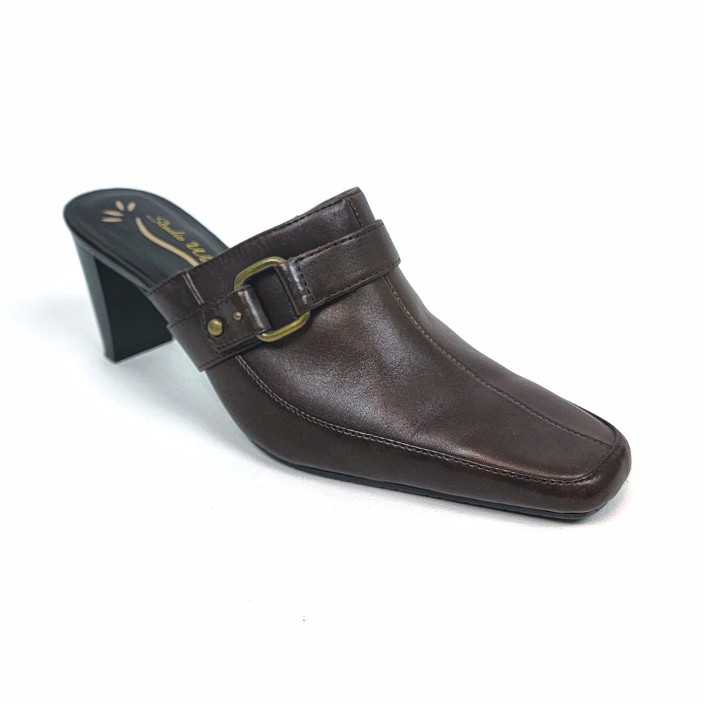 Studio Works Sparky Brown Leather Square‎ Toe Buckle Mule Heels Womens 7.5M - Picture 3 of 6